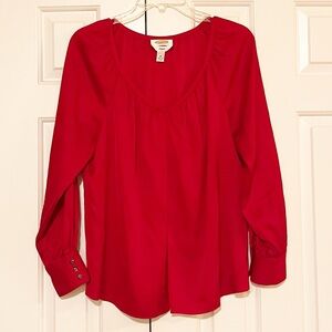 Talbots 100% Silk Vibrant V-Neck Red Blouse with ruched collar long sleeves. 10